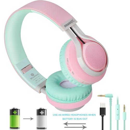 Riwbox WT-7S Bluetooth Headphones Light Up, Foldable Stero Wireless Headset with Microphone and Volume Control for PC/Tablet/TV/Travel (Pink Green)