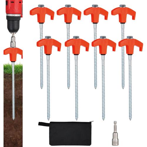8 Pack Screw in Tent Stakes Heavy Duty,8 Inch Ground Anchors Screw in,Metal Stakes with Hex Head Driver,Camping Tent Accessories.(Orange)