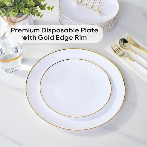 FOCUSLINE 100 Count Gold Plastic Plates 10.25 Inch, Disposable Heavy Duty Dinner Plates, Premium Hard Plastic Plate Fancy Disposable White Plate with Gold Rim