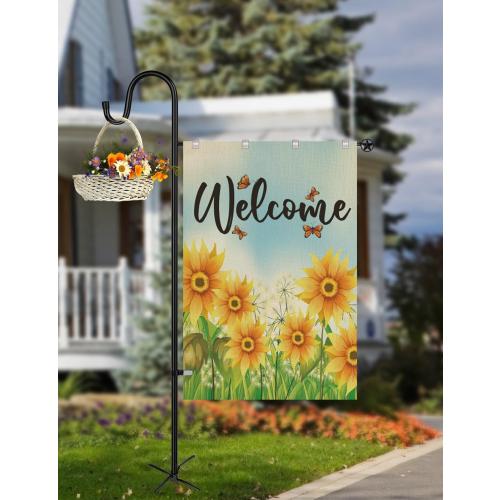 LOPANNY Large Garden Flag Holder Stand Pole for 28 x 40 Flags with Shepherds Hooks for Outdoor - Upgraded Sturdy 60 Inches Yard Flag Post Stake Perfect for Outdoor Decor(without Solar Lights & Flag)