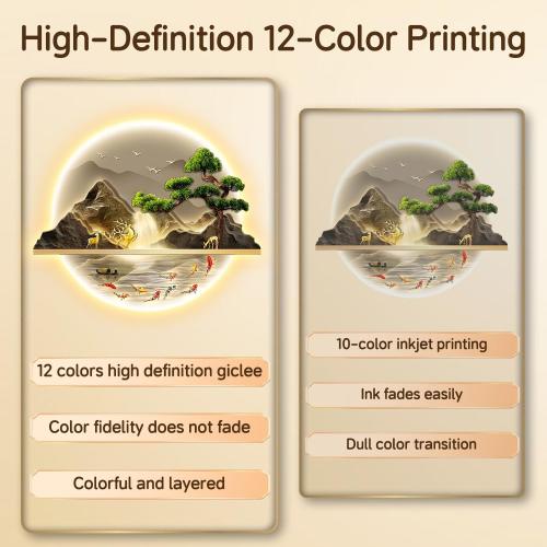 Zen LED Wall Art, Fish Wall Painting Decor with Led Light, Welcoming Pine Wall Decor Art, 3D Landscape Wall Sculpture Decoration, for Living Room Bedroom Office Entrance (B, 60×72cm)