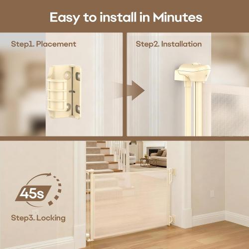 SPACEANY Retractable Safety Baby Gate or Mesh Dog Gate,Durable Portable Mesh Retractable Gate,Easy to Use for Stairs, Doorways, Hallways, Indoor, Outdoor, 33.5 Tall, Up to 45 Wide, Cream
