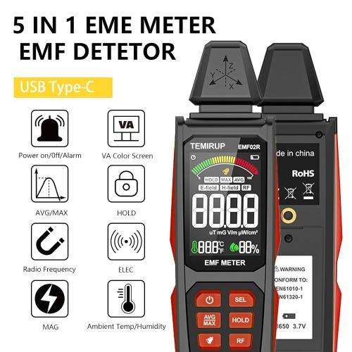 EMF Detector, TEMIRUP 5 in 1 Handheld EMF Meter Radiation Detector, Detects EF, RF, MF, WiFi Signal,Temperature, Humidity, Rechargeable EMF Reader with Large Color LCD for Home, Office, Ghost Hunting