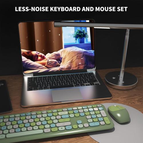Wireless Keyboard and Mouse Combo, Colorful Ergonomic Full Size Retro Low-Noise Keyboard with Cute keycaps, Compatible with Windows, PC, Perfer for Home and Office Keyboards (Green)