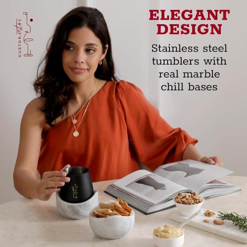 Gusto Nostro White Marble Wine Chiller for Glass and Stainless Steel Tumbler Set of 2 - Freezable Wine Glass Chiller Holder - Cool Set of Chillers and Stemless Metal Wine Tumblers for Home Bar (Black)