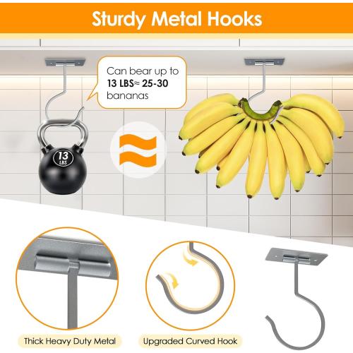 Self Adhesive Banana Hook Under Cabinet Foldable Banana Hanger Metal Under Counter Banana Hook to Keep Bananas Fresh Banana Holder for Kitchen RV Space Saving, Silver