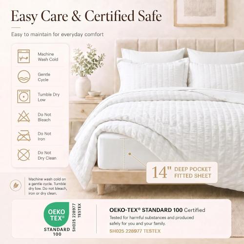 CozyLux King Size Comforter Set, 7 Pieces White Seersucker Bed in a Bag