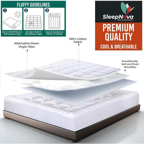 White 100% Cotton Top Queen Mattress Topper, Breathable & Cooling Mattress Topper, Elastic Fitted Mattress Pad, Mattress Cover for Back Pain Relief