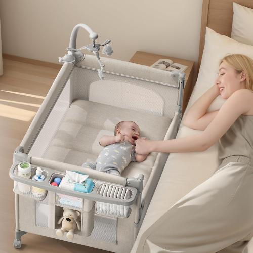 TinyGlow Baby Bassinet, Pack and Play, Bedside Crib Sleeper, Diaper Changer | Quickly Assembles and Folds, Portable Crib with Mattress,Mosquito Net and Toys Bar, Easy to Carry for Newborn to Toddler