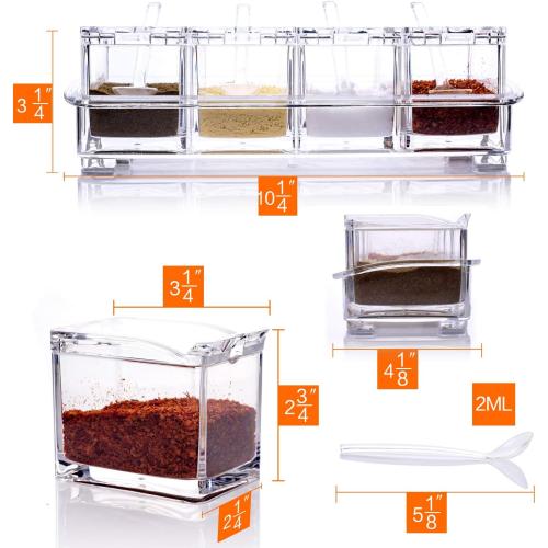 ME.FAN Clear Seasoning Rack Spice Pots - 4 Piece Acrylic Seasoning Box - Storage Container Condiment Jars - Cruet with Cover and Spoon