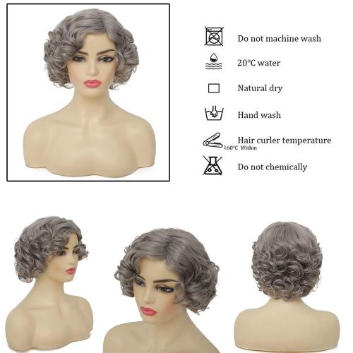 Grey Short Curly Wig for Women Finger Wave Wigs Natural Heat Resistant Synthetic Hair for Daily Costume Party Halloween Wig