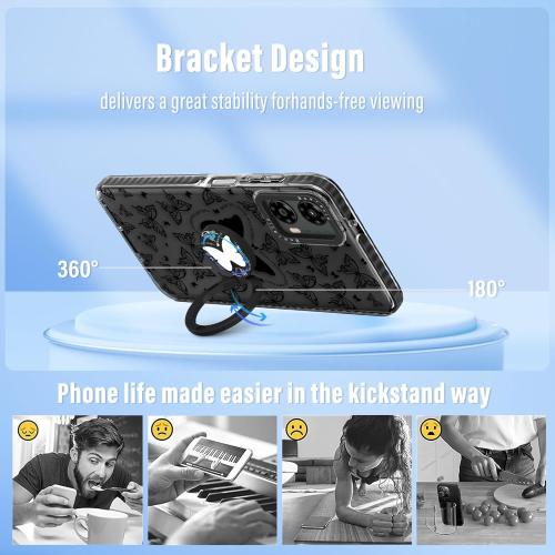 Boaretiu Cute Kawaii Case for Motorola Moto G 5G 2024 with Stand - Fashion Cool 360° Rotate Ring Holder Kickstand Design for Women Girls Boys Teens Girly Case for Moto G 5G, Black Butterfly
