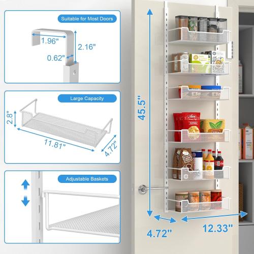 VyGrow 12.3 W Narrow Over the Door Pantry Organizer, 6-Tier Over the Door Organizer with Adjustable Basket, Pantry Door Organization for Pantry Kitchen Storage Room Spice Rack, White
