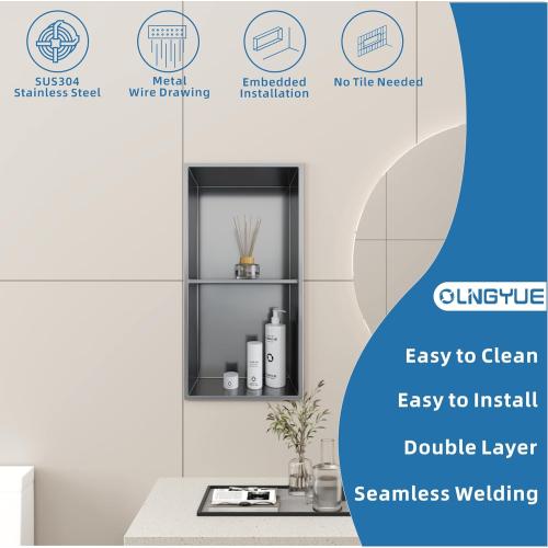12x24 Bathroom Shower Niche Shelf: Double Layer Stainless Steel No Tile Needed - Recessed Wall Niches Box for House Decoration - Brushed Nickel