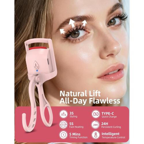 Heated Eyelash Curler, 5s Fast Heating Electric Eyelash Curler, Safe Anti-Burn Eyelash Curlers with Silicone Pad, Type-C Quick Charge, Intelligent Temp Control, 24H Long-Lasting Curls (Pink)