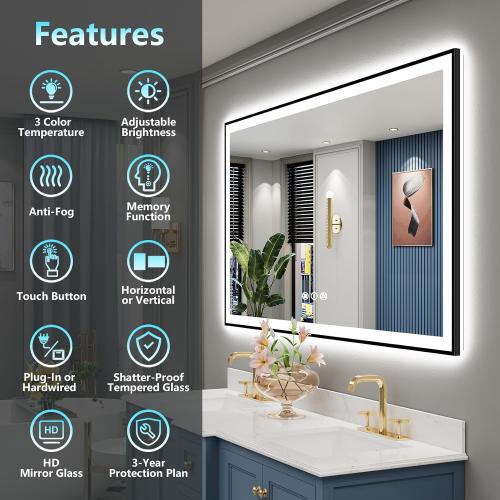 55x40 Black LED Bathroom Mirror, Backlit & Front Lit Lighted Mirror | Metal Framed Anti-Fog Vanity Mirror with Lights, 3 Color Dimmable, Memory, HD Tempered Glass, CRI95, UL Listed, Wall Mounted