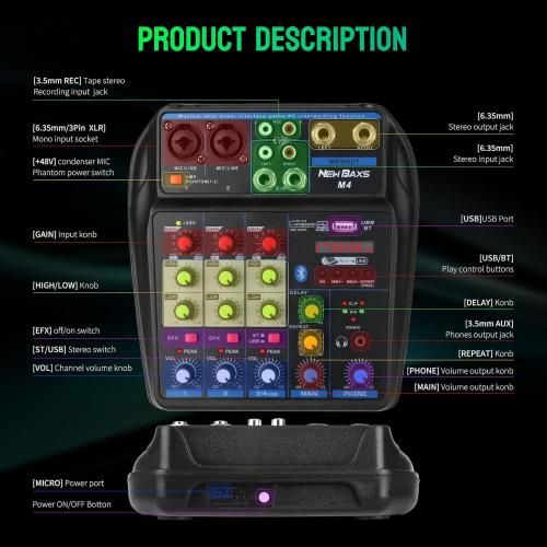 DJ Audio Mixer, DJ Mixers 4 Channel Sound Board with Bluetooth, NEW BAXS Sound Mixer Board XLR/1/4 Interface, USB/MP3 Computer Input 48V Phantom Power Stereo DJ Studio Streaming KTV Stage
