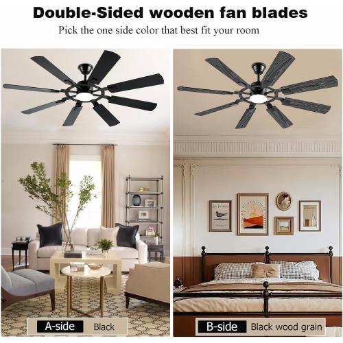 62 Inch Ceiling Fans with Lights, Large Low Profile Ceiling Fan with Remote Control, 8 Double Sided Blades, 6 Speed Reversible DC Motor, Silent Timing, Black Indoor Outdoor Ceiling Fan
