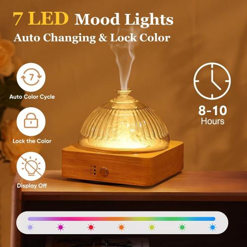 Light Brown Wood and Glass Essential Oil Diffuser with Glass Reservoir & Wood Base, 200ml Ultrasonic Lock Color Timer Auto-Off 7 Color Light Aroma Glass Dome Diffuser for Home Office Bedroom Yoga