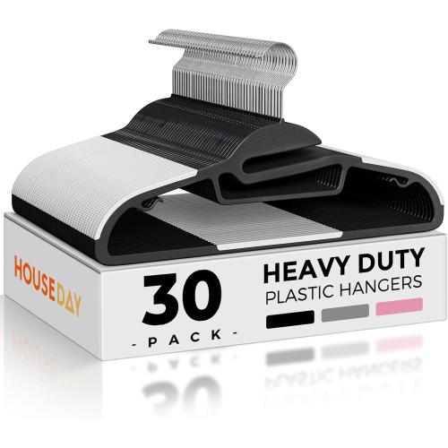 HOUSE DAY Black Plastic Hangers 30 Pack, Slim Space Saving, Non Slip Clothes Hangers with Rubber Pads, Sturdy Heavy Duty Coat Hanger for Closet, S-Shaped Hanger for Shirt, Suit, Pant, Skirt