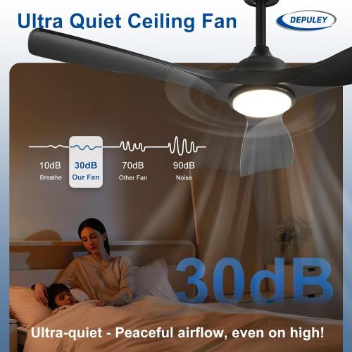 Depuley 52-Inch Ceiling Fan with Light: Black 3 Blade Outdoor Fans for Patios - Dimmable Indoor Fan with Remote APP Control Ultra Quiet DC Motor Reversible 6 Speed Timer