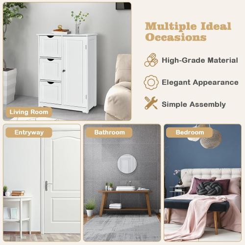 Wooden Freestanding Cabinet w/Adjustable Shelf, 3 Drawers & 1 Door, for Bathroom, Living Room, Entryway & Kitchen