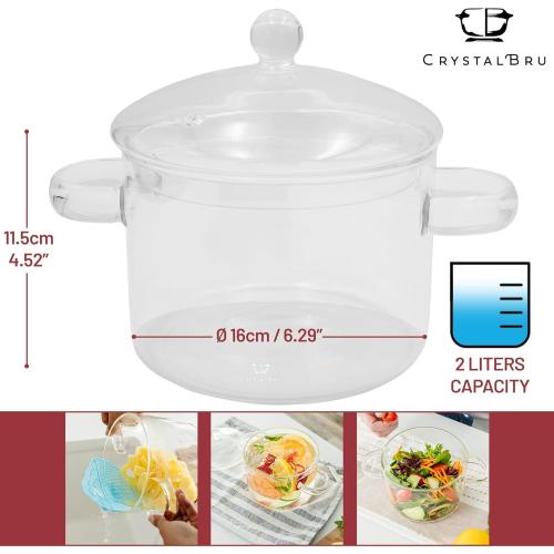 2L Clear Glass Simmer Pot with Lid & Strainer | Heat-Resistant Borosilicate Glass Pot for Pasta, Soup, Baby Food & Milk | Electric Simmer Tool for Home Fragrance | Anti-Scald Handles Missing Tap