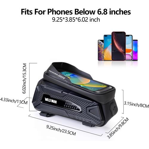 WILD MAN Bike Bag Bike Phone Bag EVA Waterproof Front Frame bag Top Tube Handlebar Bag Bicycle bag Bike Accessories Holder Compatible Phones Under 6.8(Black)
