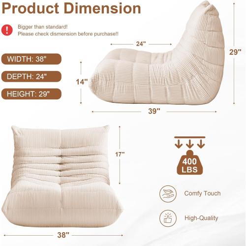 Bean Bag Chair for Adults - Large Bean Bag Chairs with Lumbar Pillow, Oversized Corduroy Memory Foam Boneless Chair with High-Rebound, Lazy Floor Sofa for Reading Gaming Living Room Bedroom, Beige