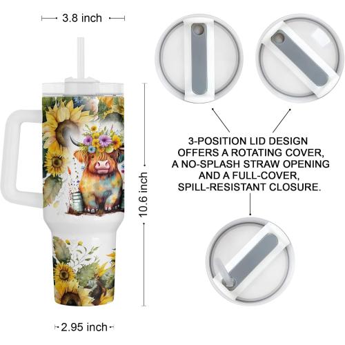 Fancyfams Highland Cow tumbler, 40 oz Stainless Steel Tumbler with Handle Lid and Straw, Cow Gifts for Women Print Mug Cups Lovers Themed Gifts Cute Stuff (Salty 40oz)