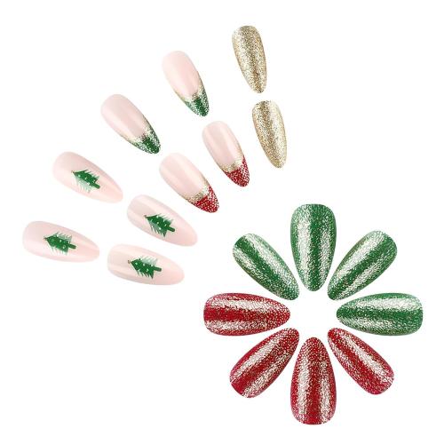 24Pcs Christmas Almond Fake Nails Short Press on Nails Pink Green Golden Acrylic Nails French Tip with Xmas Tree Glossy Glitter Glue on Nails Winter Stick on Nails Christmas Nails for Women