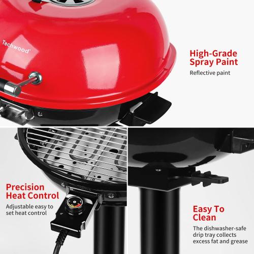 Electric Grill Outdoor BBQ, Techwood 15-Serving Indoor/Outdoor Electric Grill for Indoor & Outdoor Use, Double Layer Design, Portable Removable Stand Grill, 1600W (Stand Red BBQ Grills)