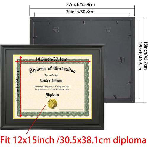 BLACK FRAME LTYHHK 12x15 Diploma Frame Solid Wood Black, Displays 12x15 Diplomas with Black Over Gold Mat or 16x20 Inch Without Mat, 12x15 Diploma Frame 12x15 inch Certificate Frames (L23B1620BG1215)