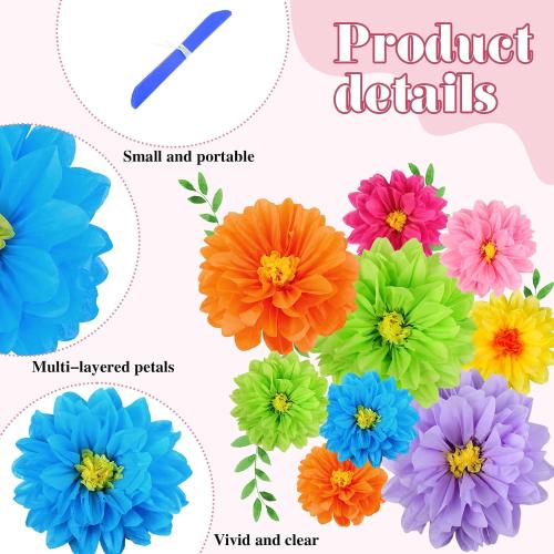 Geyee 18 Pcs Mexican Paper Flowers,Bright Color,6 8 10