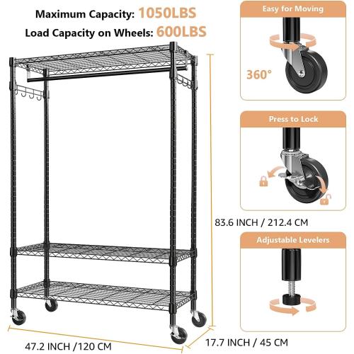 Size 17.7 D x 47.2 W x 83.6 H Color Black Heavy Duty Rolling Garment Rack 3 Tiers Adjustable Wire Shelving Clothes Rack with Rods and Side Hooks,Storage Closet Clothing Rack with Wheels Black 17.7 D x 47.2 W x 83.6 H