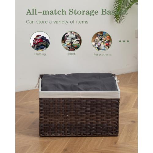 SETVSON Storage Basket with Lid Rattan Woven Storage Baskets with 2 Separate Lids, 17.2 Gallon (65 L), 22 x 13 x 13.8 Inches,Foldable, 2 Removable Liner Bags Handles for Bedroom, Laundry Room Brown
