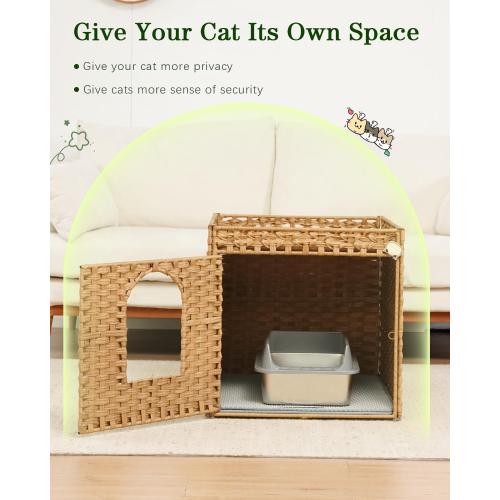 SETVSON Cat Litter Box Enclosure Furniture, Large PE Rattan Cabinet,Natural | Large PE Rattan Kitty House fits Large Litter Boxes, Included Litter Mat, 2 S-Hooks, Metal Frame, 21.6x26x21.6 In Cat Cabinet