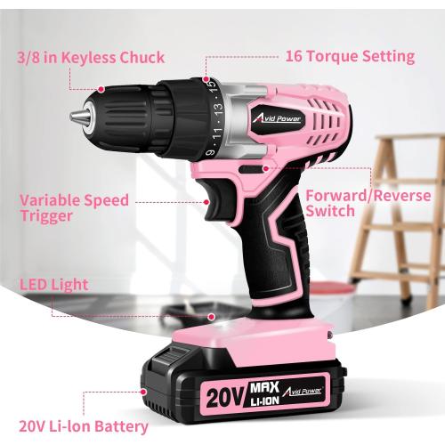 AVID POWER 20V MAX Lithium lon Cordless Drill Set, Power Drill Kit with Battery and Charger, 3/8-Inch Keyless Chuck, Variable Speed, 16 Position and 22pcs Bits (Pink)