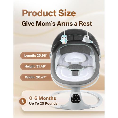 Electric Baby Swing for Infants to Toddler, Portable Swing Baby Rocker with 5 Point Harness, 5 Sway Speed, Bluetooth,12 Preset Lullabies with Remote Control, Infant Swing for Baby Boys & Girls, Grey