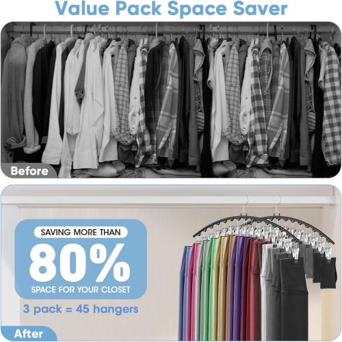 3 Pack Legging Organizer for Closet Hanging, Pants Hangers with Clips Holds 45 Leggings, Shorts, Skirts, Jeans, Hats, Pants Hangers Space Saving Clothes Racks Closet Organizers and Storage, Black