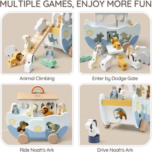 Joyreal Wooden Noah's Ark Toy for 1 Year Old Baby Boy and Girl Baptism Gift - Neutral Color Montessori Educational Toy with Animal Shape Sorter - Christian Toys for Toddler 1-3 Christmas Birthday Gift