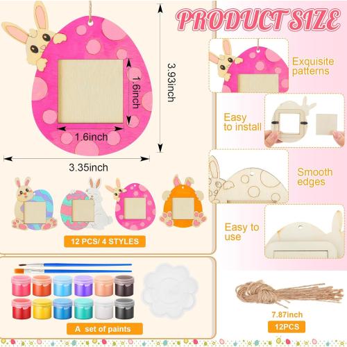 Wenqik 12 Set Easter Picture Frame Craft Kit, Egg Bunny DIY Wood Photo Frames with 12 Paint Colors, 2 Brushes, Palette & Hanging Rope, Spring Easter Crafts Party Favors