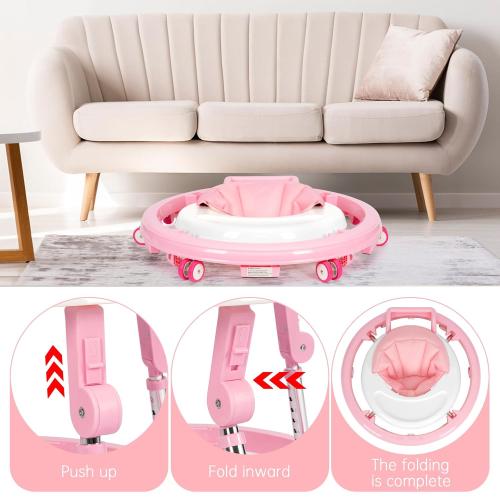 Pink Baby Walker Foldable with 9 Adjustable Heights, Baby Walker with Wheels Portable, Infant Toddler Walker for Baby Boy Girls 6-18 Months (Pink)