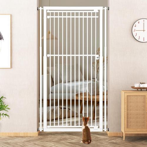 78.8 Extra Tall Cat Gate, 28.3-33 Wide Safety Metal Cat Door, Pressure Mounted Easy Walk Through Pet Gate with Door for Stairs, Doorways, Kitchen (White)