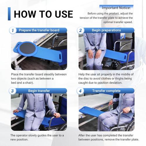 LOSCHEN Slide Transfer Board with Turntable, Slide Assist Device for Transferring or Seniors from Wheelchair to Bed, Toilet, Tub, Car - Slide Board with Turntable（Blue 29.5inch）