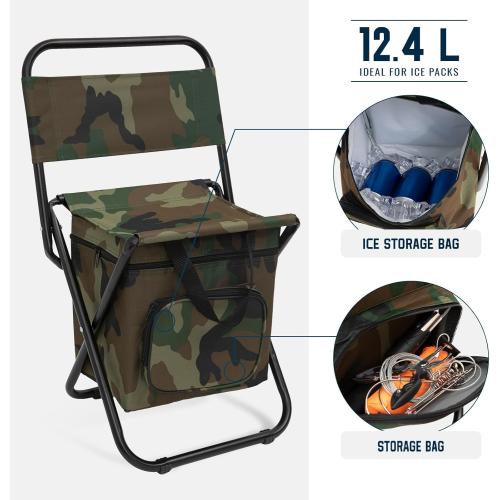 FUNDANGO Portable Fishing Chair, Lightweight Backrest Stool Compact Folding Chair with Cooler Bag for Outdoors Hiking Hunting Travel, Supports 265 Lbs