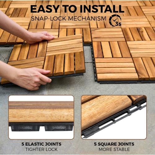 10 PCs Interlocking Deck Tiles, 12x12 inches Waterproof Wood Patio Floor Tiles for Indoor and Outdoor, Easy Snap Flooring, Balcony, Garden, Square Joints, Natural