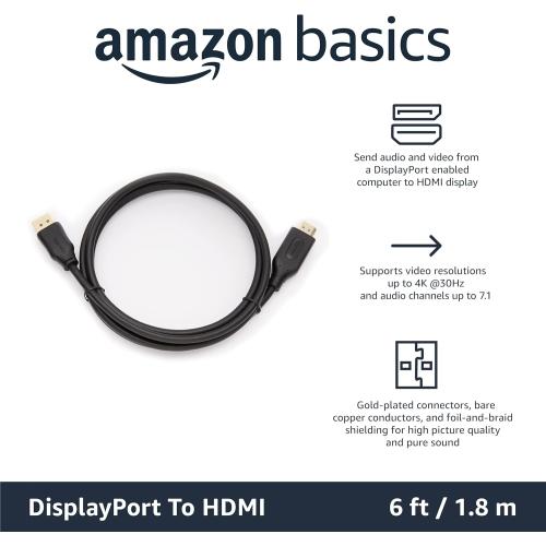Amazon Basics DisplayPort to HDMI Cable, Uni-Directional, 4K@30Hz, 1920x1200, 1080p, Gold-Plated Connectors for Enhanced Picture Quality and Sound, 6 ft, Black