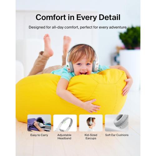 Belkin SoundForm Mini Kids Wireless Headphones w/Built-in Microphone, 30H of Playback Time, Fun Stickers, & Case - Over-Ear Headsets for Online Learning, School, iPhone, iPad, Galaxy, & More - White