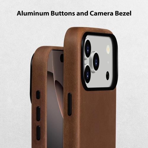Belemay Handcrafted Crazy Horse Leather Case for iPhone 17 Pro, Compatible with MagSafe, Vintage Aesthetic, Two-Tone Effect, Unique Patina, Camera Control Button, Metal Buttons (6.3), Vintage Brown